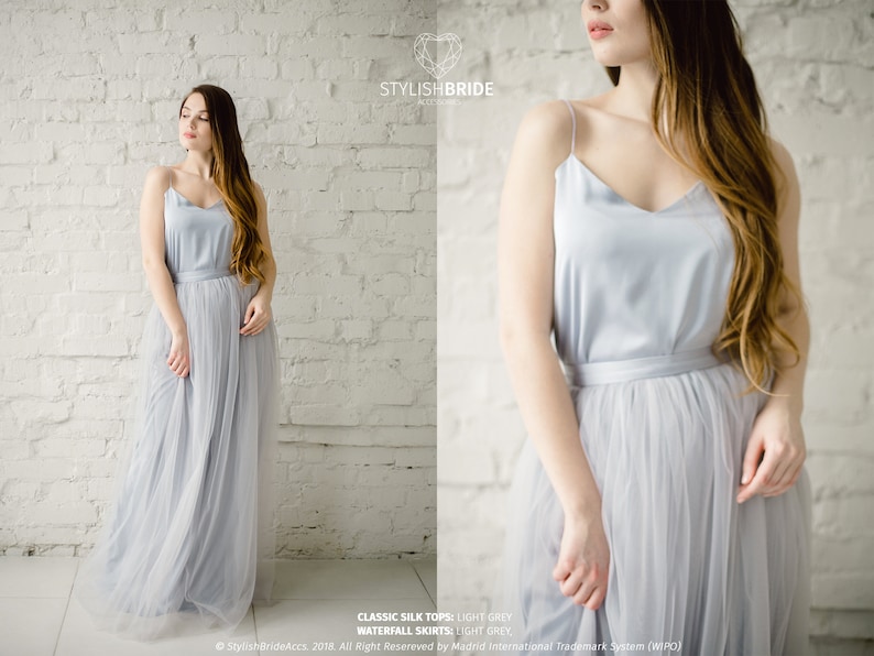 Silk Grey Lavender Bridesmaids Classic Dress Tulle Skirt, Long Floor Length Waterfall Tulle Skirt, Prom Simple Lavender Dress, Silk Cami Top image 3