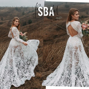 Forest Luna Bohemian Bridal Dress: Lace Overskirt With Forest Lace Bodysuit - 2 Piece Bridal Tulle Dress, Transparent Wedding Trendy Dress