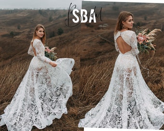 Forest Luna Bohemian Bridal Dress: Lace Overskirt With Forest Lace Bodysuit - 2 Piece Bridal Tulle Dress, Transparent Wedding Trendy Dress