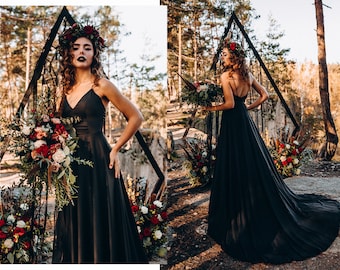 NEW! Black slip dress with huge train, bridal black silk satin slip dress, black silk dress, black maxi silk gown thin straps | Mermaid slip