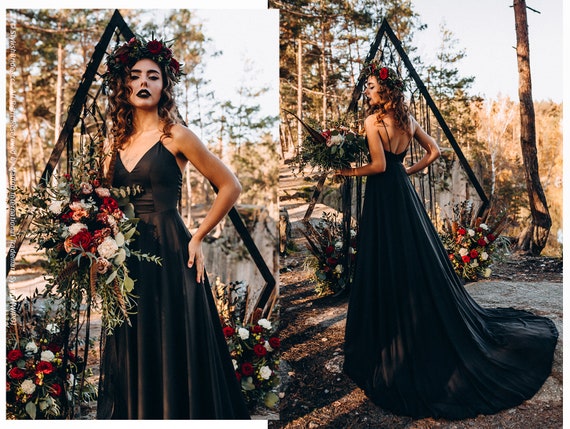 NEW Black Slip Dress With Huge Train, Bridal Black Silk Satin Slip