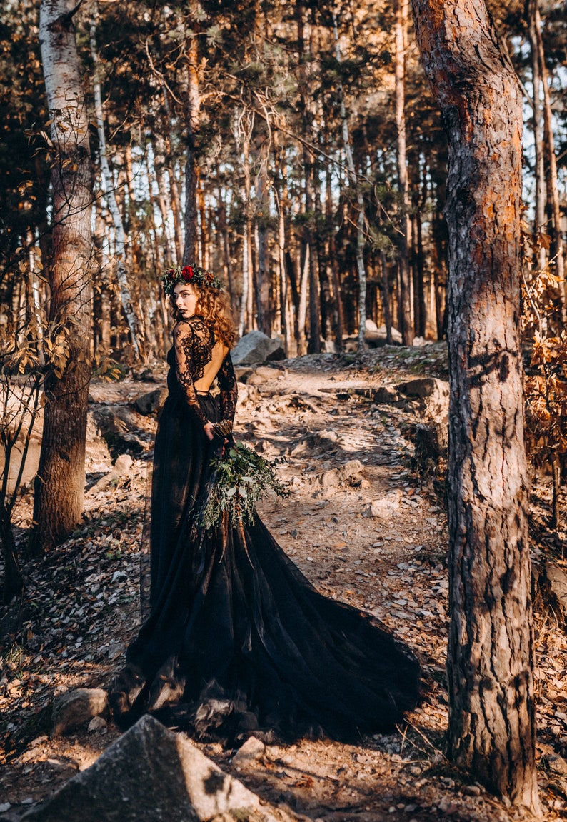 Black Long Tulle Skirt With Slit + Backless Top, Black Wedding Dress, Gothic Gown, Black Lace Top | Sophia top & Billow tulle skirt