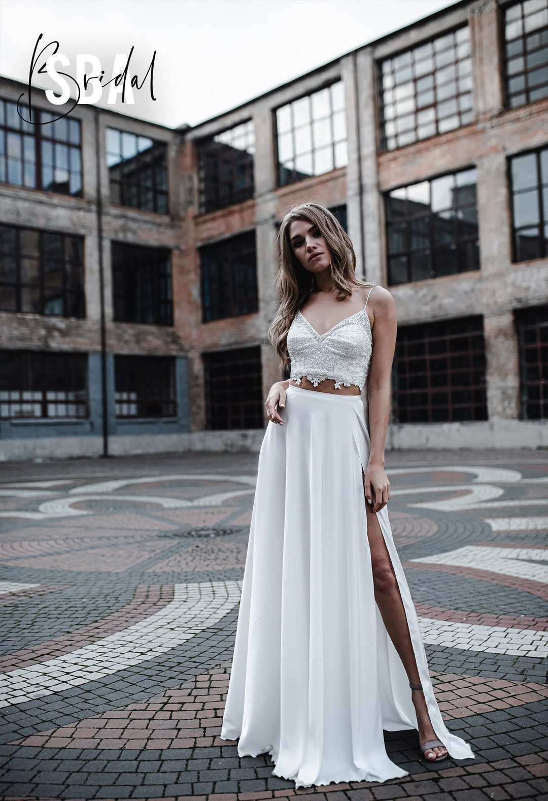 High Waist Slit Long Skirt In Bright Silk Wool
