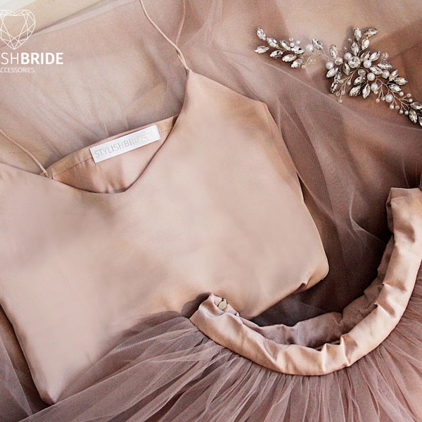 Taupe #173R Tulle Skirt Top Set, Women Brown Skirt Bridal, Brown Women Tulle Skirt, Tulle Skirt, Wedding Taupe Bridesmaid Dress