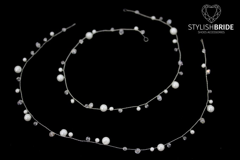 Thin Simple Wedding Pearl Crystal Hair Vine , Engagement hair accessories, minimalistic hair piece image 4