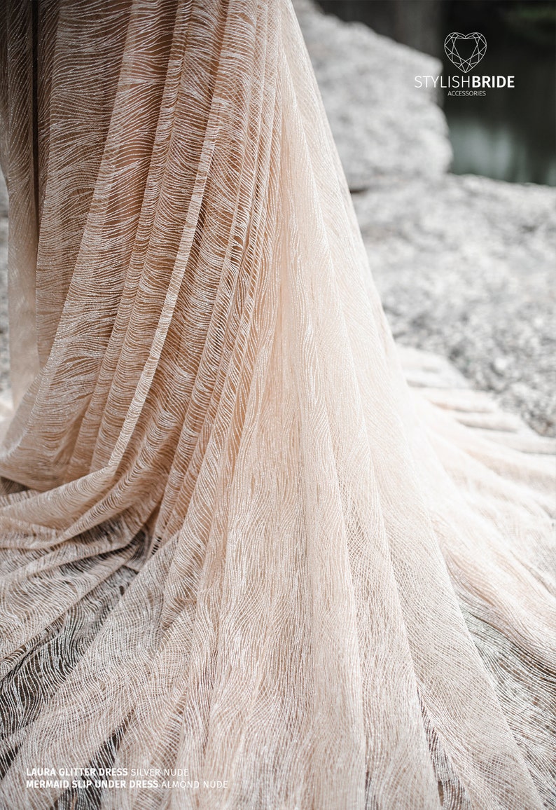 Laura Glitter Bridal Dress, Waves Wedding Glitter Dress V-neck with Bodysuit or Slip Long Silk Dress, Engagement Nude Dress by SBA image 3