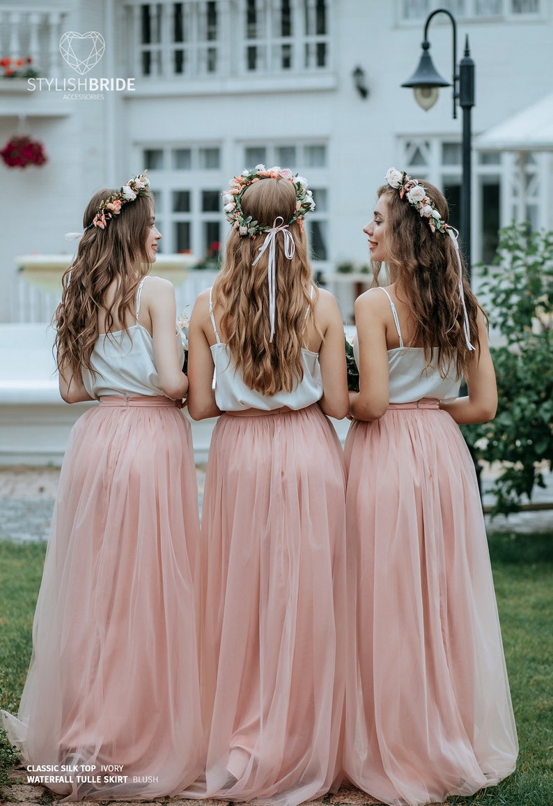 Simple Bridesmaids Separates: Silk Classic Cami Top and Waterfall Floor Length Tulle Skirt, available in Plus Size image 3