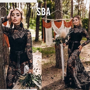 Enchanted forest: Fitted Floral Lace, Boho Engagement Black Lace Gown with Train, Transparent Gothic Wedding Dress, Black Bridal Lace Dress