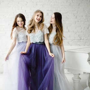 Belle Lace Grey Lavender Purple Palette Bridesmaids Dress, Long Waterfall Bridesmaids Skirt Grey Purple, Engagement Prom Dresses Plus Size image 1