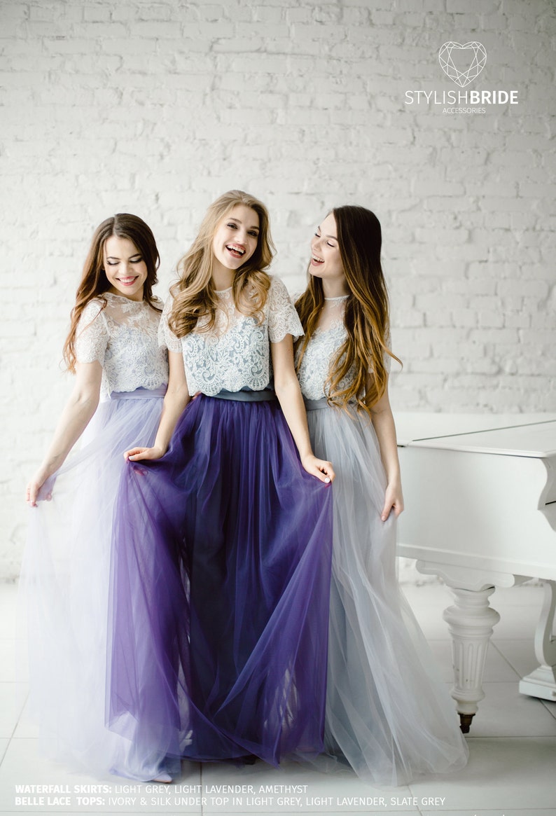Belle Lace Grey Lavender Purple Palette Bridesmaids Dress, Long Waterfall Bridesmaids Skirt Grey Purple, Engagement Prom Dresses Plus Size image 1