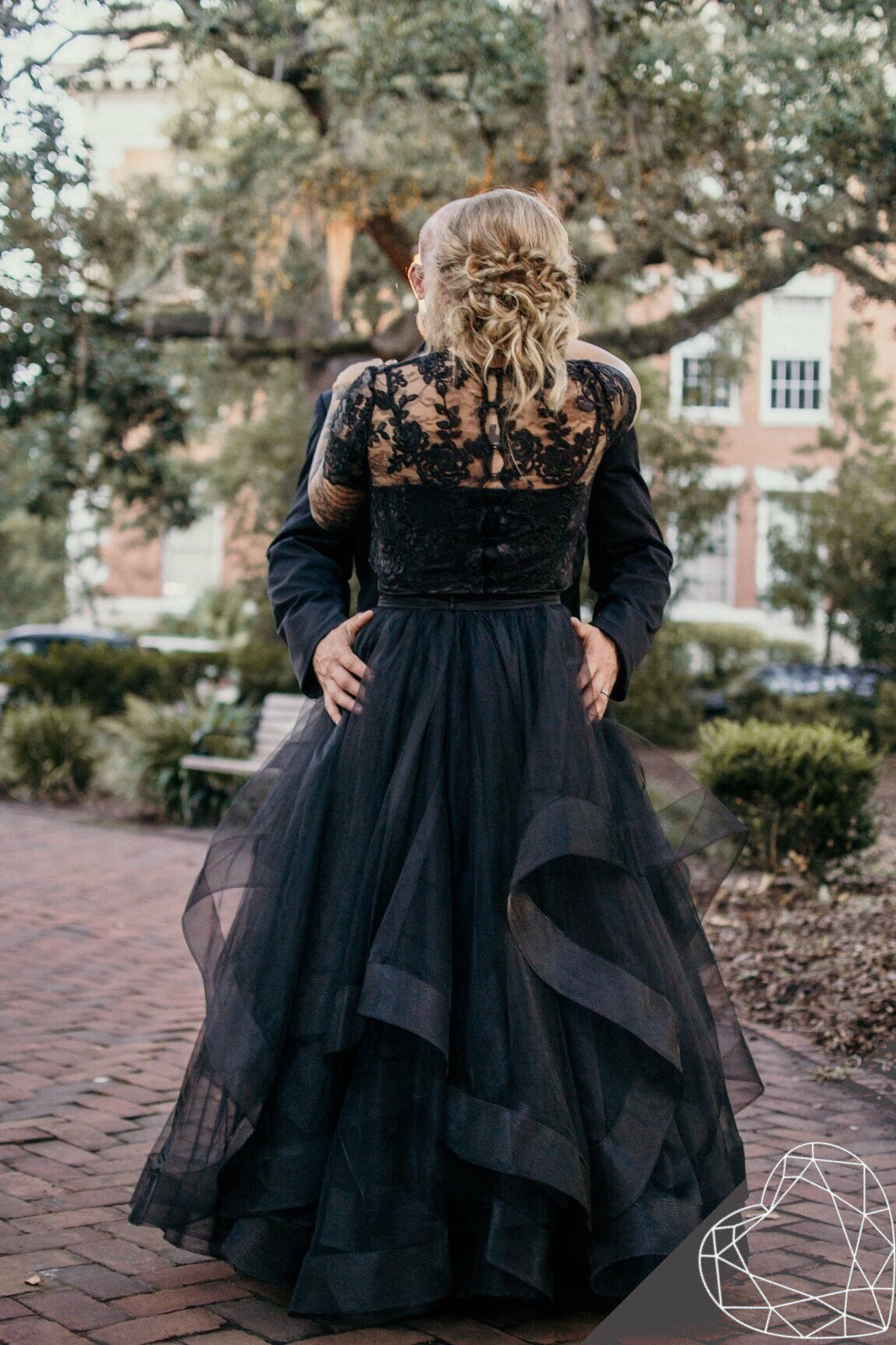 Black Wedding Separates Lace wedding top with long sleeves and all buttoned  back and tulle skirt Black Gothic Engagement Dress | Swan set
