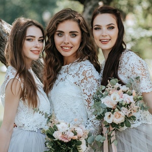 Bridesmaids Macrame Dress: Macrame Lace Crop Top and Light Grey Fay Tulle Skirt, available in Plus Size | Macrame Bridesmaids Separates