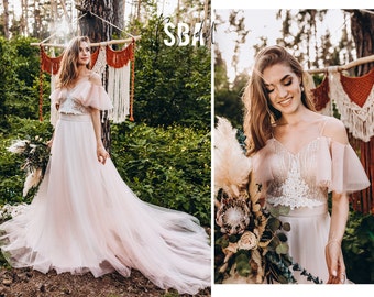 Blush wedding dress with flutter tulle sleeves, blush tulle bridal dress, blush glitter wedding gown, blush bohemian dress  | Mysteria