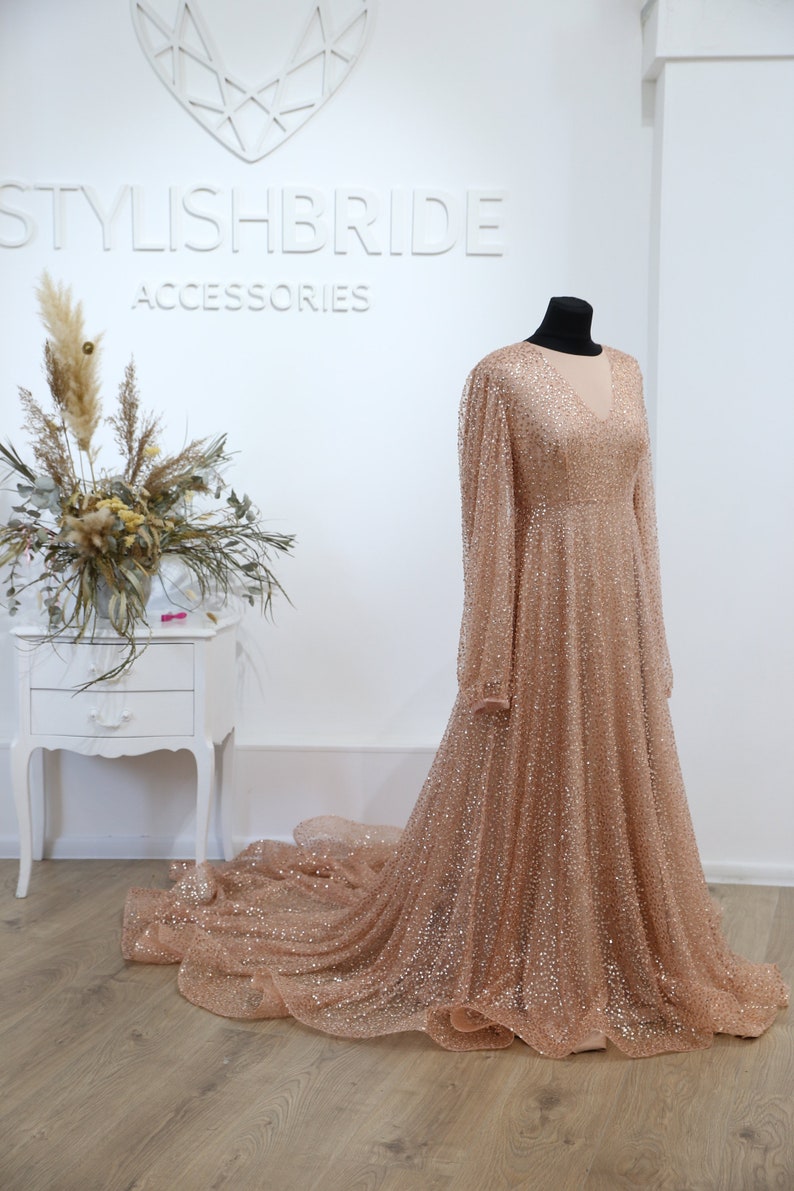 Sequined Muslim Wedding Dress / Rose Gold Mermaid Glitter Bridal Dress, Full Closed Bridal Dress with Long Sleeve, Hijab Bridal Dress image 5