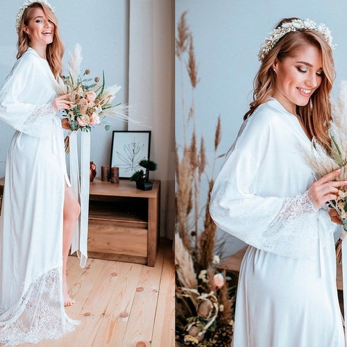 Long Bridal Kimono Robe With Lace Ivory Bride Dressing Gown Etsy