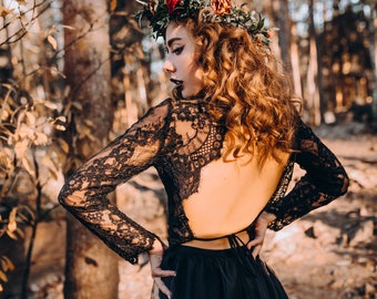 Black lace floral top with open back black wedding lace long sleeves blouse Bridal black lace crop top custom made plus size | Sophia