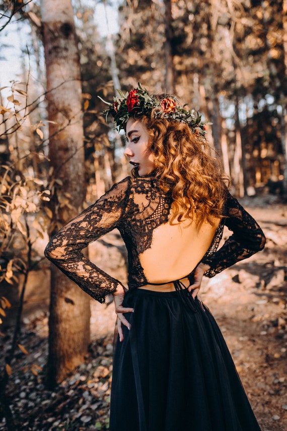 Black Lace Floral Top With Open Back Black Wedding Lace Long