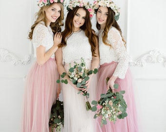 Blush Palette Tulle Bridesmaids Separates, Long Blush Tulle Waterfall Bridesmaids Skirts, Blush Prom Dresses