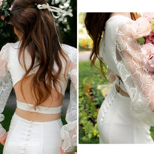 Serenade in Blooms Top: Wedding Silk Satin Dress Top with Trendy Floral Lace Sleeves and Open Back