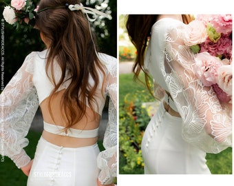 Serenade in Blooms Top: Wedding Silk Satin Dress Top with Trendy Floral Lace Sleeves and Open Back