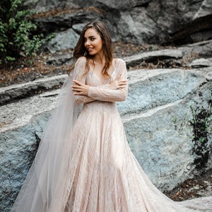 Laura Glitter Bridal Dress, Waves Wedding Glitter Dress V-neck with Bodysuit or Slip Long Silk Dress, Engagement Nude Dress by SBA image 4