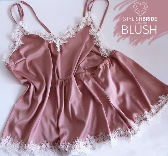 Dark Blush Pajamas Lace Silk Set With White Lace Pajama Set