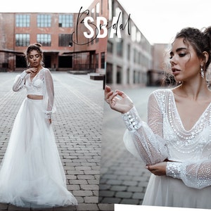 Annabelle Glitter Tulle Maxi Dress with Lantern Sleeves, Glitter Bridal Separates, Shadow Glitter Wedding Dress - 3 pieces set / SBA