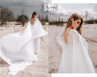 Chiffon wedding cloak with lace and crystals embroideries, lace bridal cape, chiffon bridal cape with lace shoulders | Holly