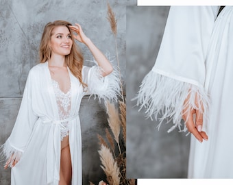 Silk bridal robe with feather, long silk satin bridal robe, feather robe for boudoir, wedding feather robe, bridal lingerie | Windy Feather