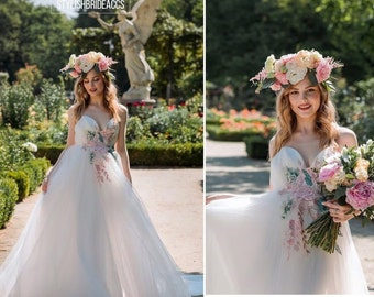 Garden of Love: Blush-Sage Green Floral Embellished Botanical Wedding Gown with Huge Train and Ombre Tulle Layers