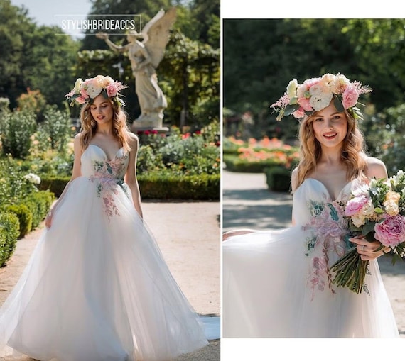 Flower embellished wedding dress hotsell