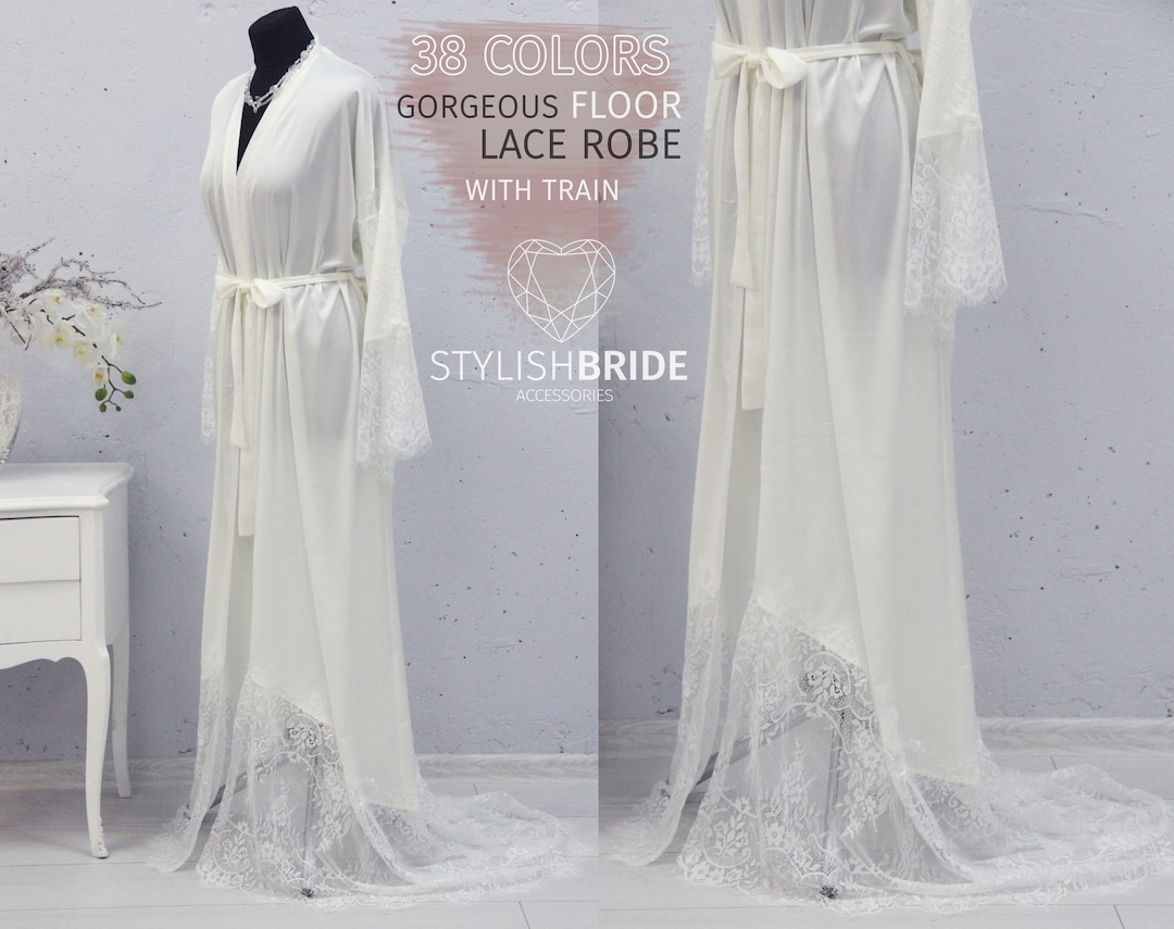 Floor Lux Bridal Silk Robe With Lace Train, Getting Ready Robe, Bridal ...