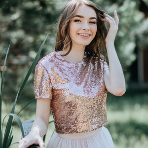Rose Gold Sequin top with Silk Satin Soft Lux Lining, Confetti Prom Party or Engagement Rose Gold Sequined Blouse Plus Size image 5