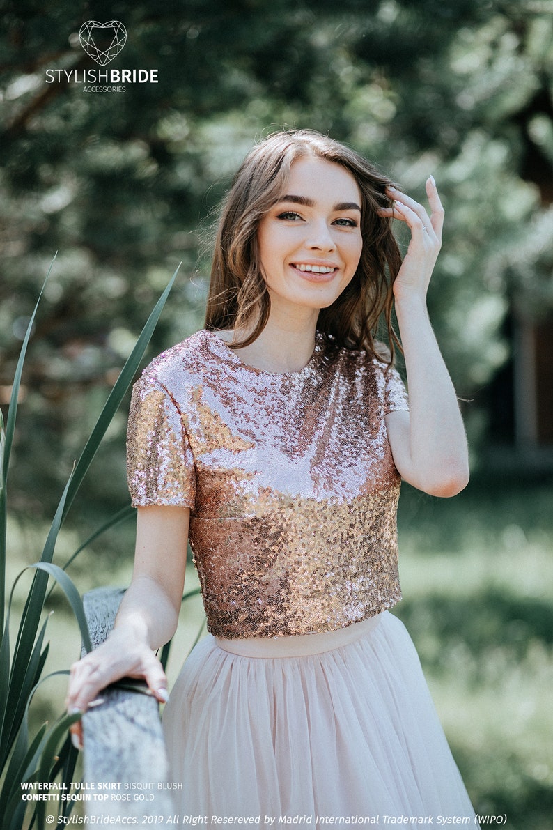 Rose Gold Sequin top with Silk Satin Soft Lux Lining, Confetti Prom Party or Engagement Rose Gold Sequined Blouse Plus Size image 5