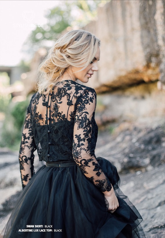 Black Lace Floral Top With Long Sleeves Engagement Wedding - Etsy