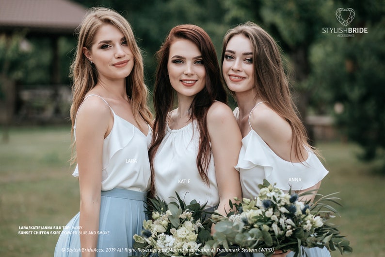 Silk Bridesmaid Tops: Lara Ruffle Sides/Anna Transformer and Katie Thin Straps available in Plus Sizes image 1