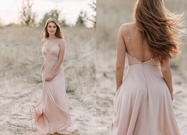 Laura Glitter Bridal Dress, Waves Wedding Glitter Dress V-neck with Bodysuit or Slip Long Silk Dress, Engagement Nude Dress by SBA image 6