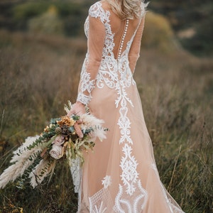 Penelope Second Skin Effect Boho Wedding Dress with Nude Underlay with Train, Champagne Nude Tulle Bridal Gown Lace Appliqués, SBA image 5