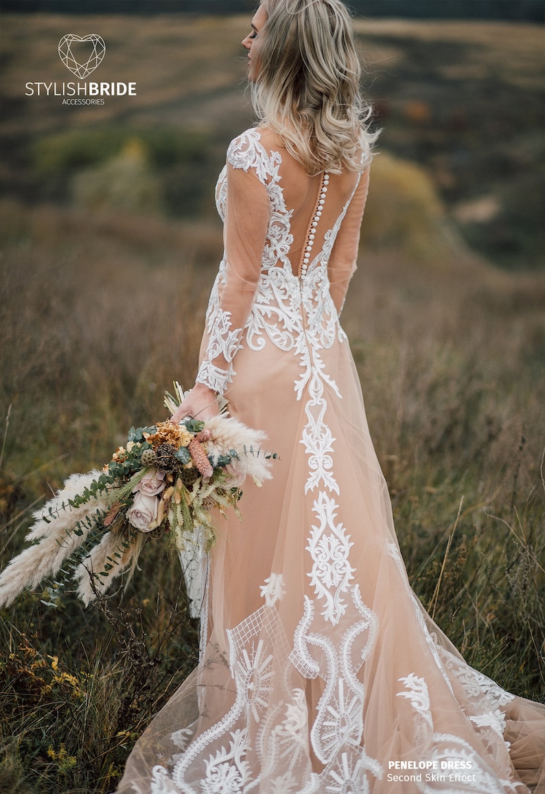 Penelope Second Skin Effect Boho Wedding Dress with Nude Underlay with Train, Champagne Nude Tulle Bridal Gown Lace Appliqués, SBA image 5