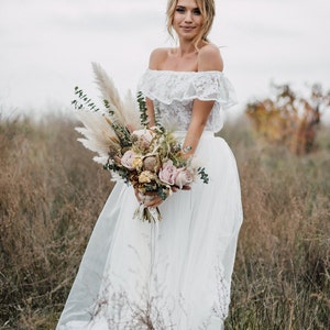 Carolina Boho Lace Off-The-Shoulder Dress, Bridal Lace Tulle Dress, Deflated Shoulders Simple Wedding Rustic Gown image 2