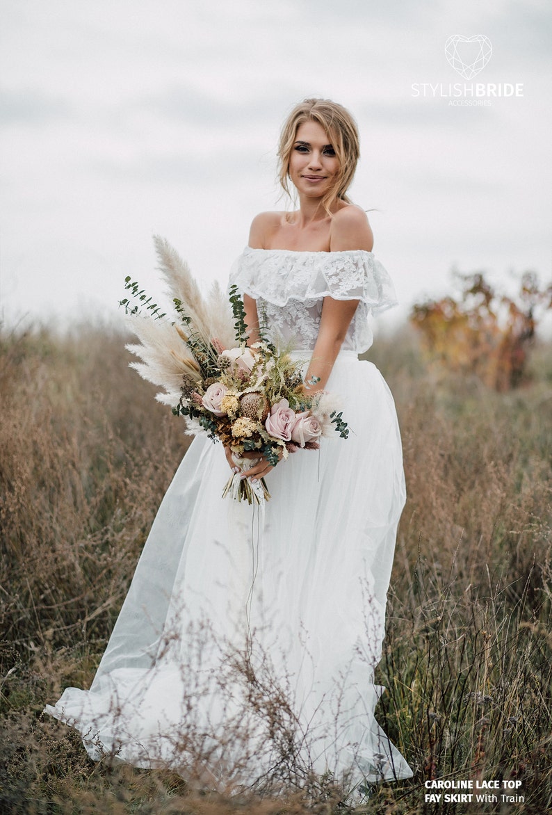 Carolina Boho Lace Off-The-Shoulder Dress, Bridal Lace Tulle Dress, Deflated Shoulders Simple Wedding Rustic Gown image 2