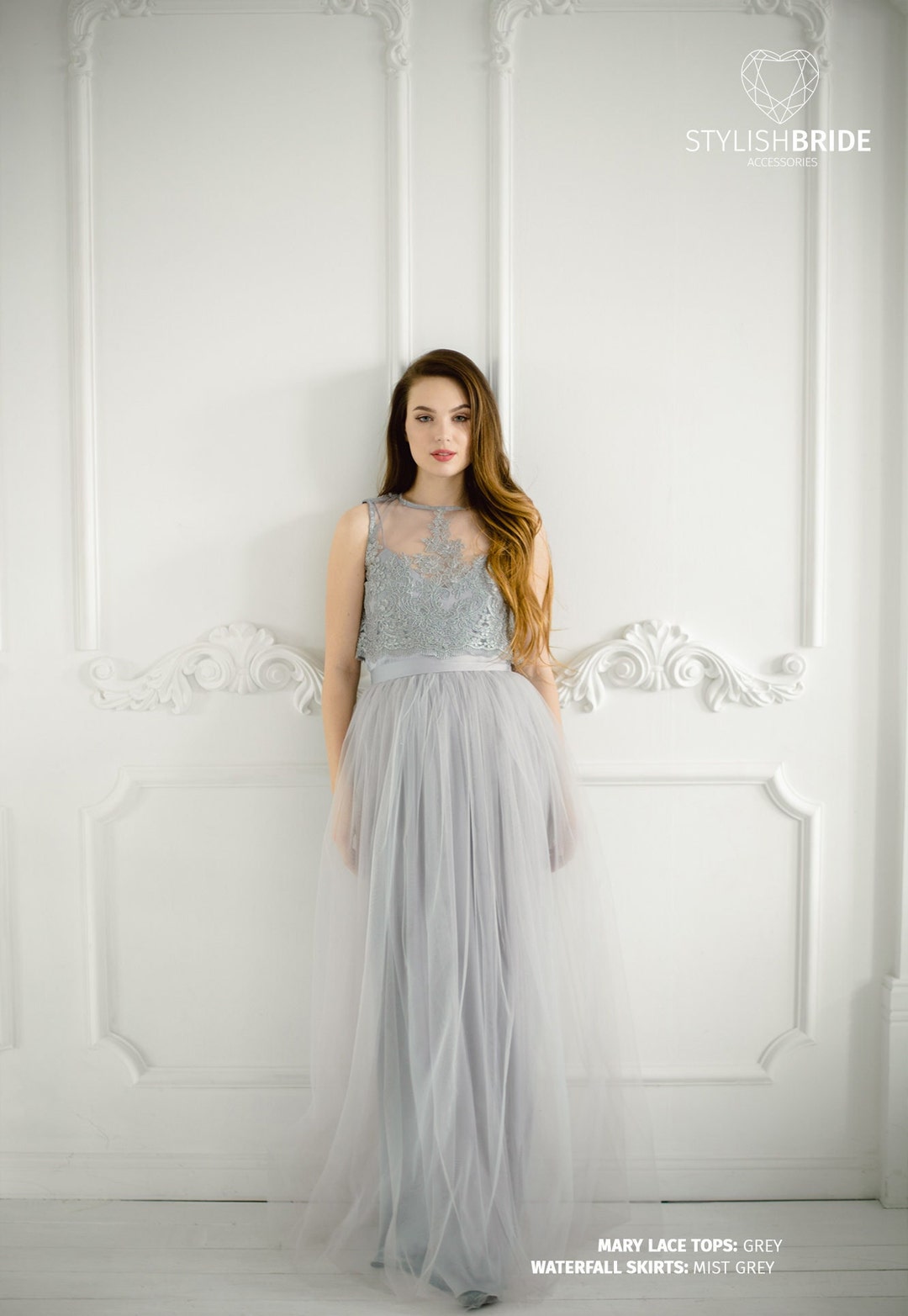Mary Light Grey Lace Dress, Long Must Grey Waterfall Bridesmaids