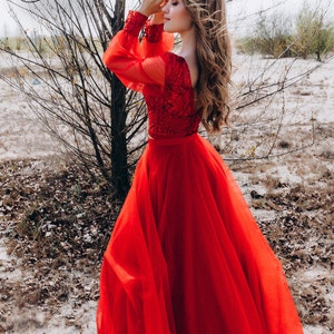 Red Wedding Dress Long Sleeves Red Bridal Separates Red - Etsy