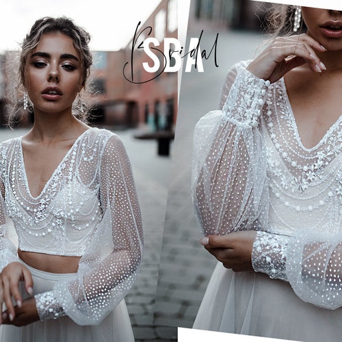 Annabelle Glitter Top Long Lantern Sleeves, V Neck Glitter Bridal Crop Top with Bustier, Prom Glitter Top - 2 pieces set /SBA Bridal