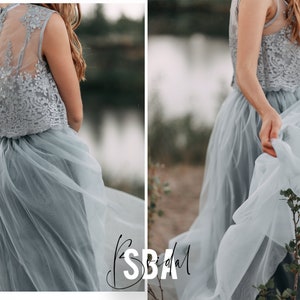 Dusty blue bridesmaid dress,  dusty blue casual maxi dress,  light grey blue boho wedding dress, dusty blue tulle skirt | Mary & Waterfall