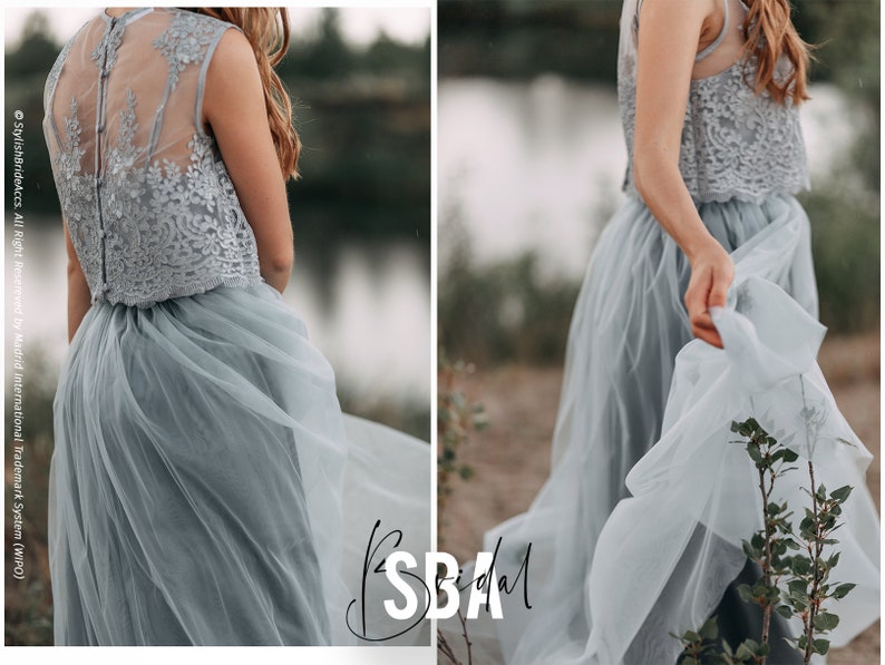 Dusty blue bridesmaid dress, dusty blue casual maxi dress, light grey blue boho wedding dress, dusty blue tulle skirt Mary & Waterfall image 1