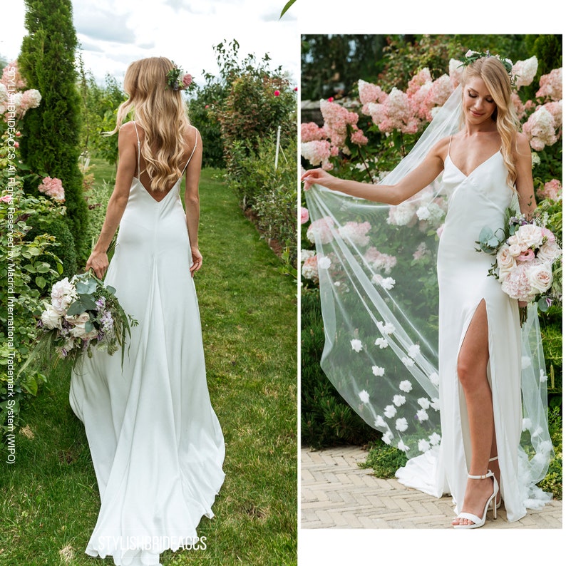 Elegance: Hi-Quality Bridal Silk Satin Slip Dress with Deep V Open Back and Train, Ivory Slip Wedding Dress by Stylishbrideaccs image 1