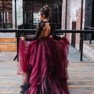 Black and Mulberry Magic Ombre Skirt and Sophia Boho Backless Top, Black Wine Wedding Dress, Black Gothic Gown, Black wedding lace top image 3