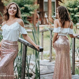 Sequin Skirts for Bridesmaids, Rose Gold Blush Navy Green Sequin Skirt Floor Length with Silk Tops in Plus Size, Party Sequin Skirts image 5