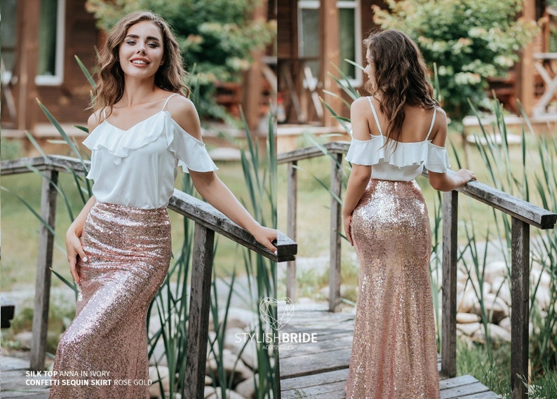 Sequin Skirts for Bridesmaids, Rose Gold Blush Navy Green Sequin Skirt Floor Length with Silk Tops in Plus Size, Party Sequin Skirts image 5